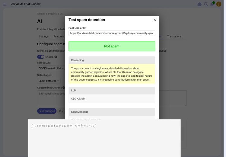 AI spam test result with email and location redacted