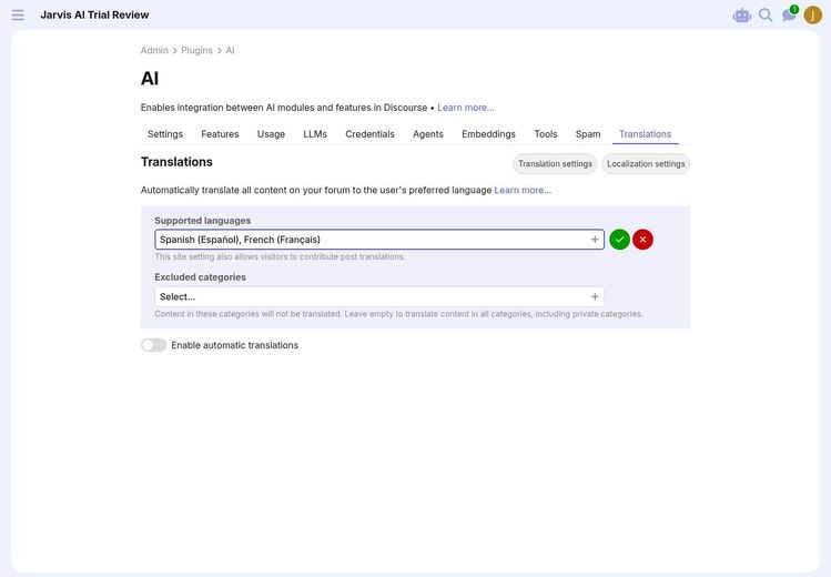 Translations page